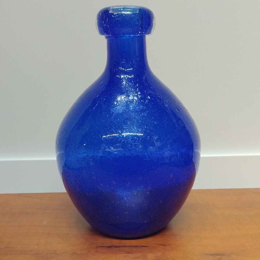Cobalt Blue Round Art Glass Hand Blown Bottle Vase 8" Tall
